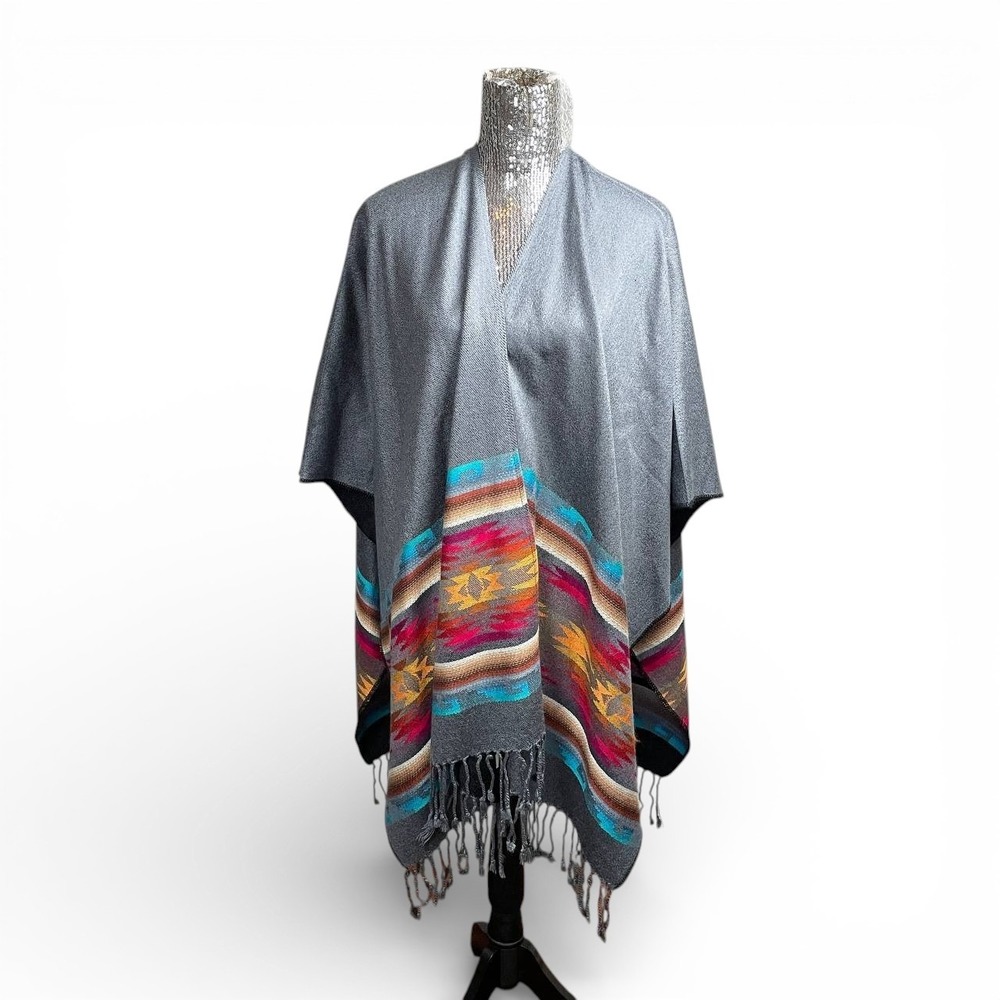 Boho Southwestern Fringe Open Front Drape Festival Cape‎ Shawl Wrap Poncho OSFM